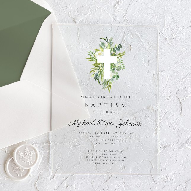 Invitations En Acrylique Élégant Baptême Religieux Croisé Botanique (Elegant Religious Cross Botanical Baptism Acrylic Invitations)