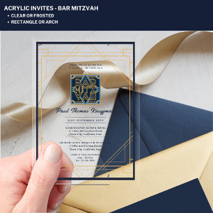 Invitations En Acrylique Elégant BAR Acrylique MITZVAH Marine Or Moderne Cl
