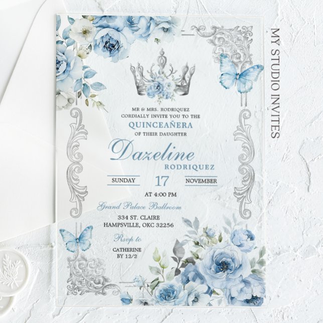Invitations En Acrylique Elégant bébé bleu couronne Quinceanera (Créateur téléchargé)