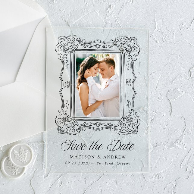 Invitations En Acrylique Elegant Black Ornate Frame Wedding Save the Date (Créateur téléchargé)