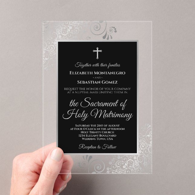 Invitations En Acrylique Elegant Black & Silver Ornate Catholic Wedding (In situ (ordinateur de poche))