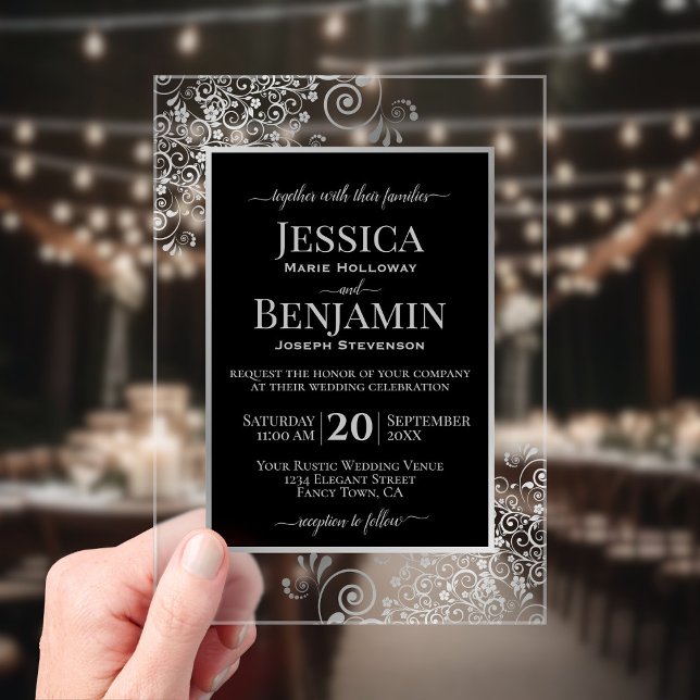 Invitations En Acrylique Elegant Black & Silver Stylish Text Wedding (Clear Acrylic with Rectangle Cut)