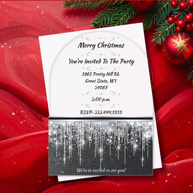 Invitations En Acrylique Elegant Black with Silver Accents Christmas Party (Elegant, clear acrylic arched Christmas party invitations that can be personalized for any event)