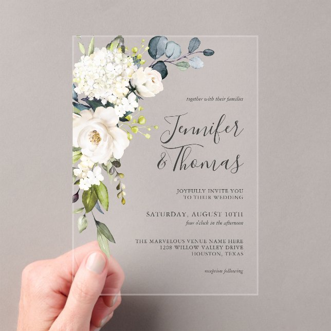 Invitations En Acrylique Elégant blanc aquarelle Floral Hydrangeas Mariage (In situ (ordinateur de poche))