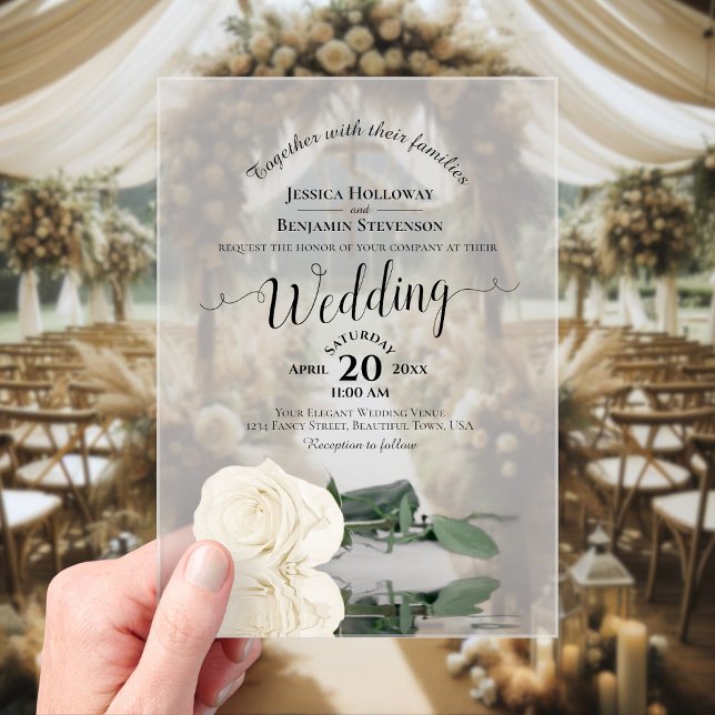 Invitations En Acrylique Élégant blanc ivoire Rose Lacy Mariage de calligra (Frosted with Rectangle Cut)