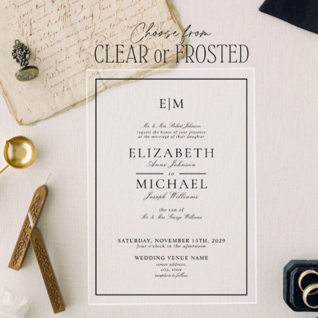 Invitations En Acrylique Élégant blanc noir Mariage de monogramme classique (Créateur téléchargé)