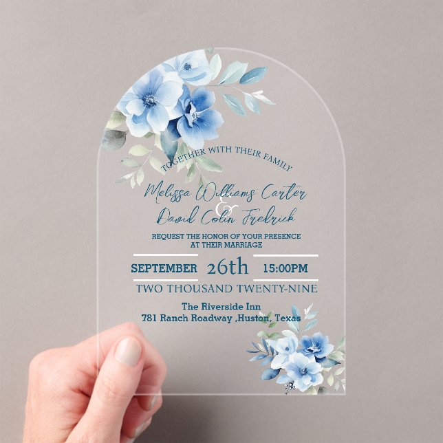 Invitations En Acrylique Elégant bleu aquarelle Botanique Floral Mariage (In situ (ordinateur de poche))