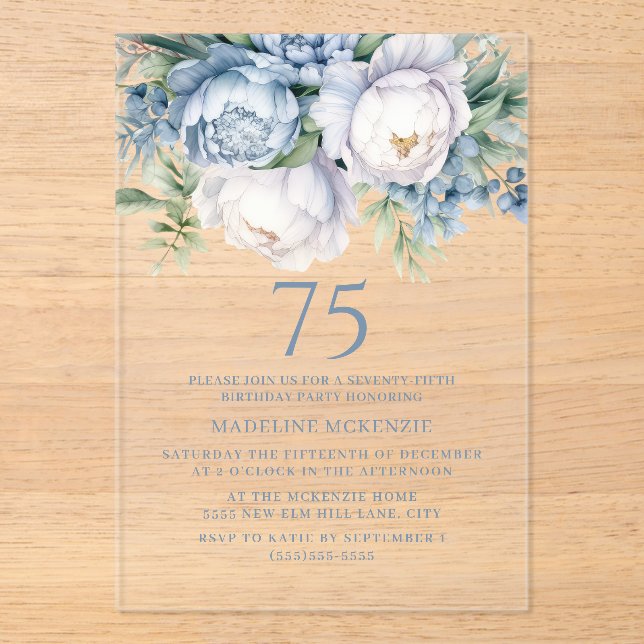 Invitations En Acrylique Elégant bleu bleu bleu blanc floral 75e anniversai (Recto)