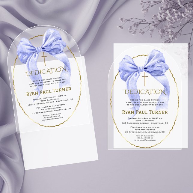 Invitations En Acrylique Élégant Bleu Bow Or Dedication Garçon transparent (Créateur téléchargé)