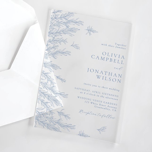 Invitations En Acrylique Elégant bleu doux Feuille Mariage botanique (Créateur téléchargé)