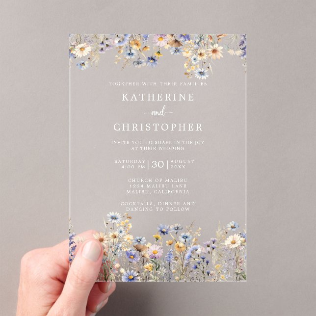 Invitations En Acrylique Elégant bleu Dusty Fleur sauvage Mariage clair (In situ (ordinateur de poche))