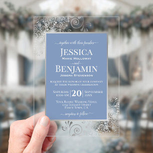 Invitations En Acrylique Élégant Bleu Poussiéreux & Argent Texte Mariage Él