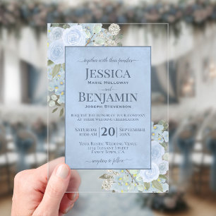 Invitations En Acrylique Élégant Bleu Poussiéreux Floral Élégant Texte Mari