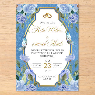 Invitations En Acrylique Élégant Bleu Royal Floral et Or