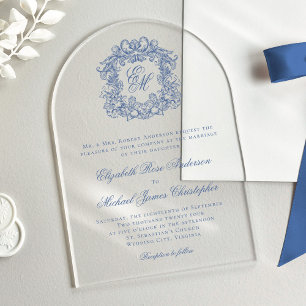Invitations En Acrylique Élégant Bleu Vintage Monogramme Crête Arche Mariag