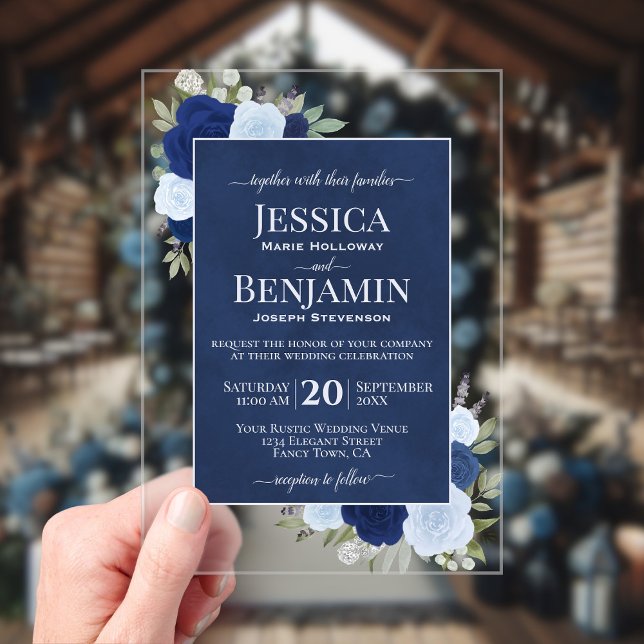 Invitations En Acrylique Elegant Blue Boho Chic Roses Stylish Text Wedding (Clear Acrylic with Rectangle Cut)