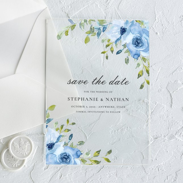 Invitations En Acrylique Elegant Blue Floral Greenery Save The Date (Créateur téléchargé)
