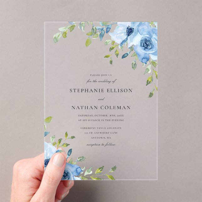 Invitations En Acrylique Elegant Blue Floral Greenery Wedding (In situ (ordinateur de poche))