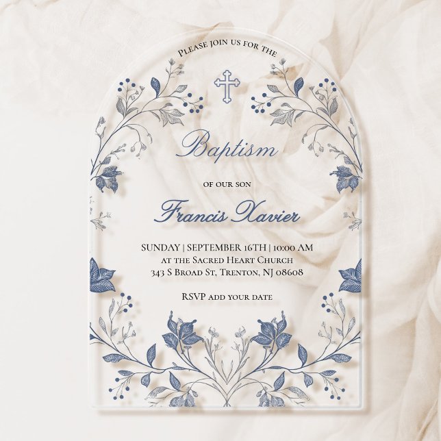 Invitations En Acrylique elegant blue foliage frame Baptism (Créateur téléchargé)