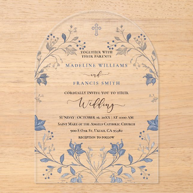Invitations En Acrylique elegant blue foliage religious wedding (Recto)