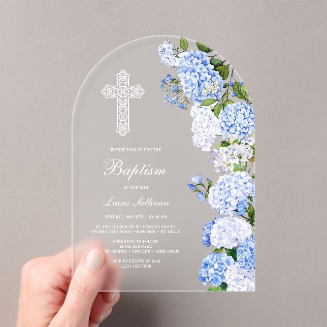 Invitations En Acrylique Elegant Blue Hydrangea Arch Baptism (In situ (ordinateur de poche))