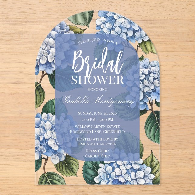 Invitations En Acrylique Elegant Blue Hydrangea Bridal Shower (Recto)