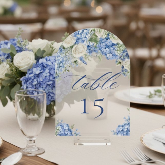 Invitations En Acrylique Elegant Blue Hydrangea Roses Wedding Table Number (Créateur téléchargé)