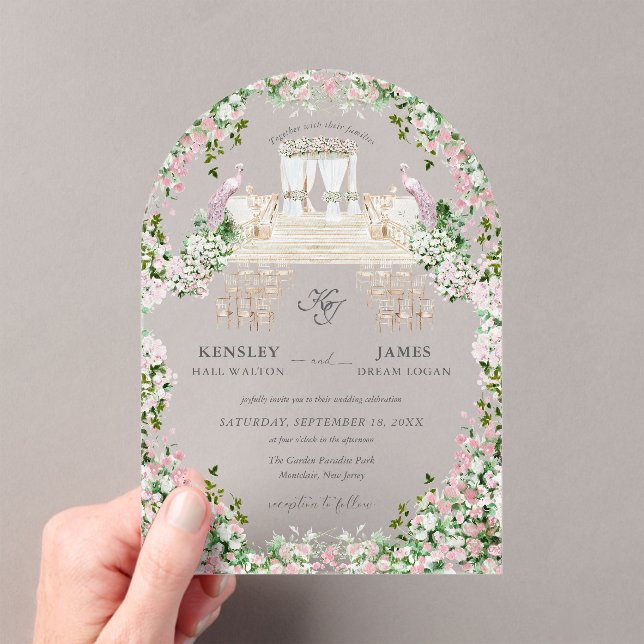 Invitations En Acrylique Elegant Blush Garden Wedding with Monogram  (In situ (ordinateur de poche))