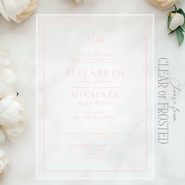 Invitations En Acrylique Élégant Blush Pink Classic Script Monogram Mariage (Créateur téléchargé)