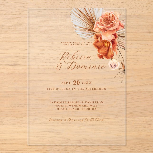 Invitations En Acrylique Élégant Bohème Rustique Mariage Floral (Recto)