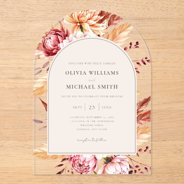 Invitations En Acrylique Elégant Boho Chic Floral Mariage (Recto)