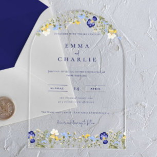 Invitations En Acrylique Elegant Boho Fleur sauvage bleu Mariage de script