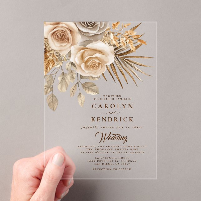 Invitations En Acrylique Elégant Boho Neutral Flore Accents Mariage (In situ (ordinateur de poche))