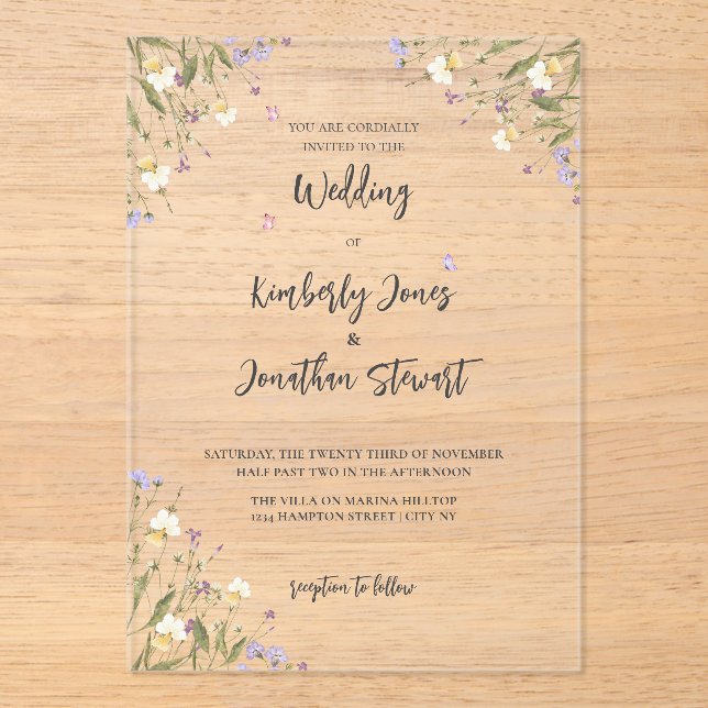 Invitations En Acrylique Elegant Boho Whimsical fleur sauvage Mariage (Recto)