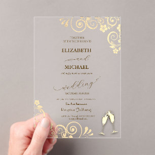 Invitations En Acrylique Élégant Bokeh, Verres à Vin de Confettis Invitatio