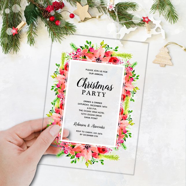 Invitations En Acrylique Elegant Botanical Floral Christmas Party (Elegant florals on ACRYLIC  Christmas party invitations)