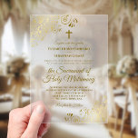 Invitations En Acrylique Elégant boucles d'or élégant moderne Mariage catho<br><div class="desc">Cette belle faire-part de mariage catholique présente un design moderne et intemporel avec des boucles dorées ornées et des tourbillons dans les coins. Il y a une croix ou un crucifix en haut, et l'élégant texte écrit invitation vos invités à une masse nuptiale qui vous unit dans le sacrement du...</div>