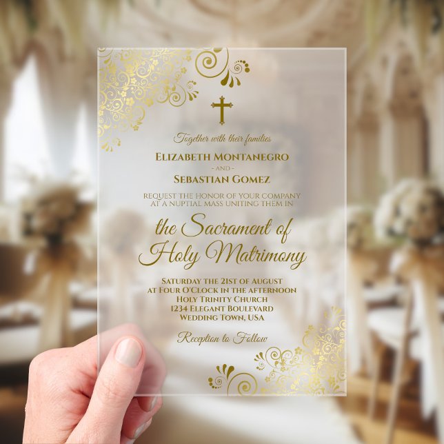 Invitations En Acrylique Elégant boucles d'or élégant moderne Mariage catho (Frosted Acrylic with Rectangle Cut)