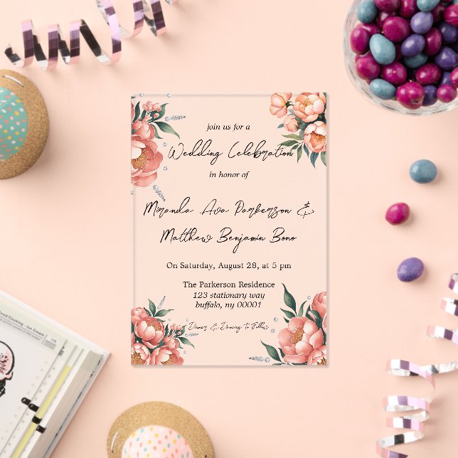 Invitations En Acrylique Elégant bouquet de pêche avec Mariage de diamants (Insitu (Célébration))