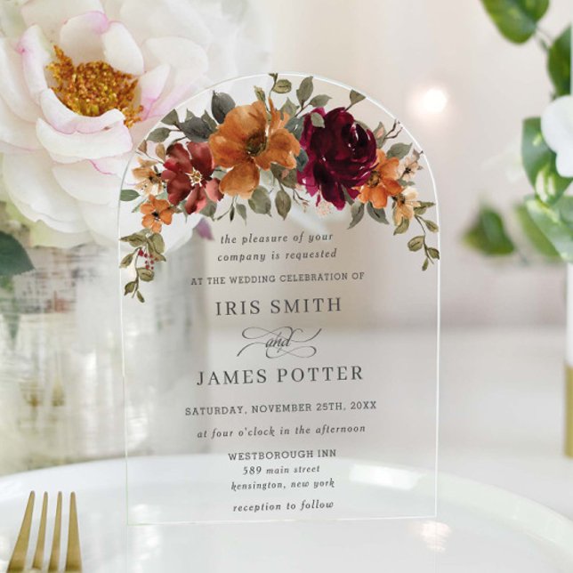 Invitations En Acrylique Élégant Bourgogne brûlé Orange rouille Mariage flo (Créateur téléchargé)