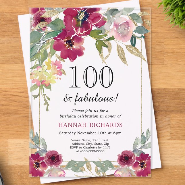 Invitations En Acrylique Elégant Bourgogne rose or floral 100e anniversaire (Créateur téléchargé)