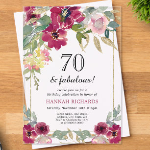 Invitations En Acrylique Elégant Bourgogne rose or floral 70e anniversaire