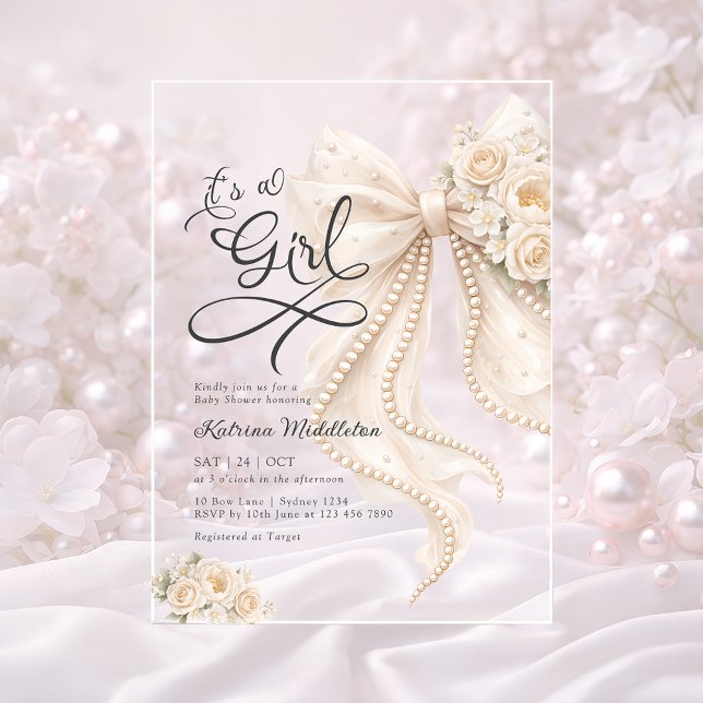 Invitations En Acrylique Elegant Bow Floral It's a Girl Baby Shower (Créateur téléchargé)