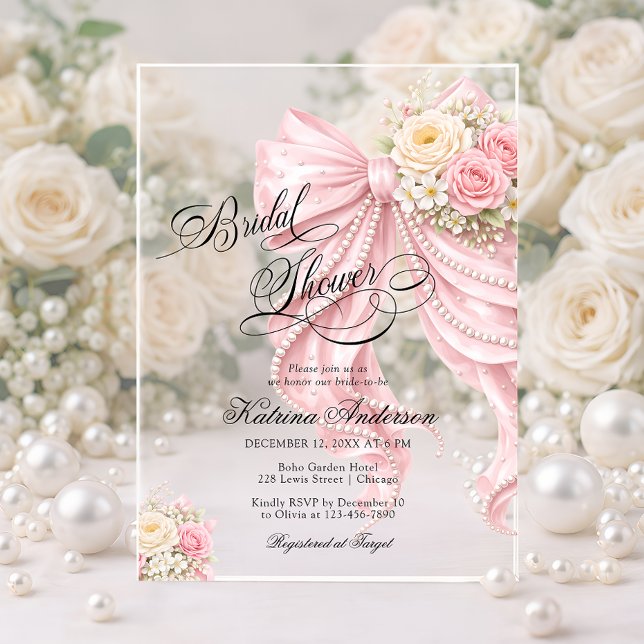 Invitations En Acrylique Elegant Bow Pink Floral Bridal Shower  (Créateur téléchargé)