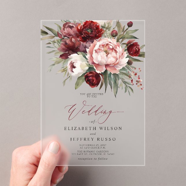 Invitations En Acrylique Élégant Burgundy Blush Botanical Floral Mariage (In situ (ordinateur de poche))
