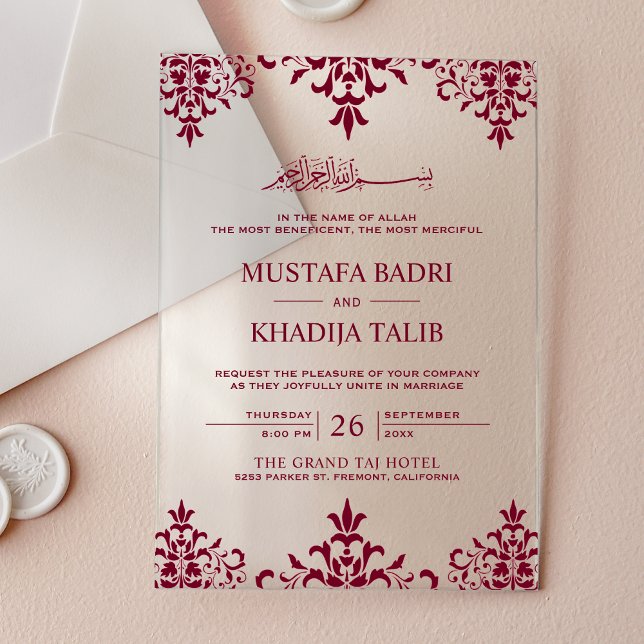 Invitations En Acrylique Elegant Burgundy Damask Islamic Wedding (Créateur téléchargé)