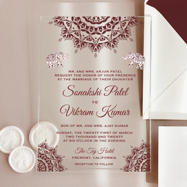 Invitations En Acrylique Elegant Burgundy Henna Indian Wedding (Créateur téléchargé)