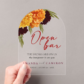 Invitations En Acrylique Elegant Burgundy Red "MARIGOLD" Wedding Open Bar