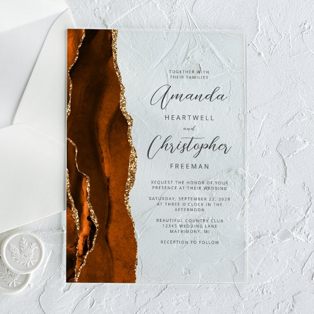 Invitations En Acrylique Élégant Burnt Orange Gold Agate Mariage de script (Créateur téléchargé)