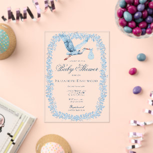 Invitations En Acrylique Élégant cadre toile florale bleu cigogne Baby Show